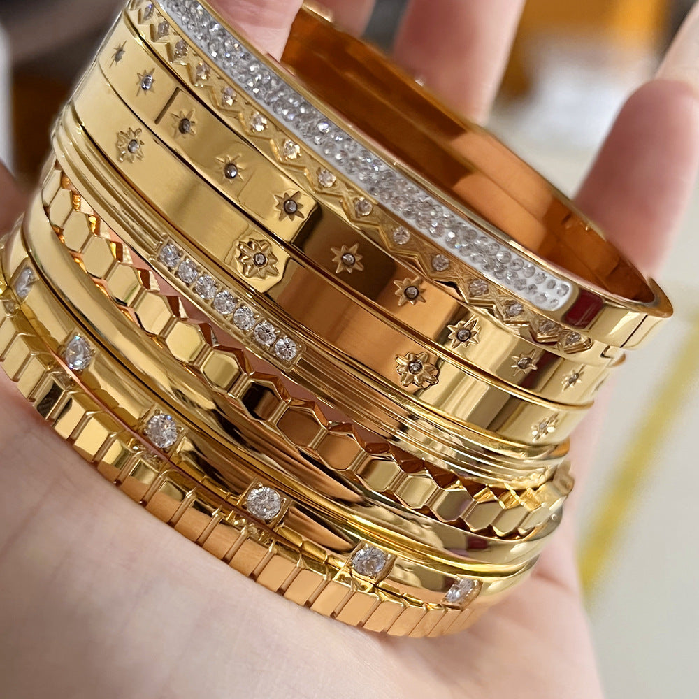 Colorfast diamond-encrusted stainless steel bracelet