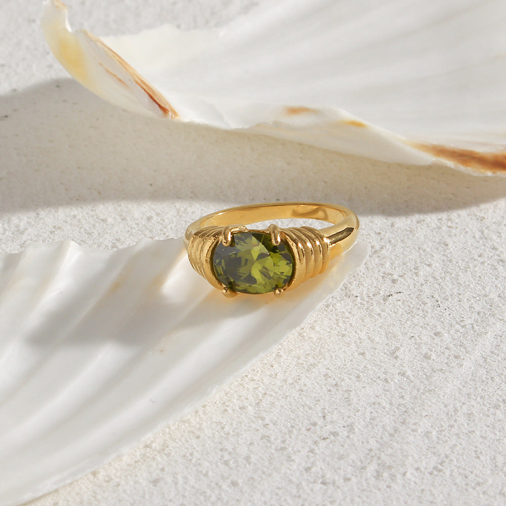 Stainless Steel Waterproof 3A Winding Pattern Oval Zircon Ring
