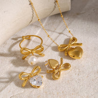 Stainless Steel Bow Necklace Zircon Earrings Titanium Steel Ring