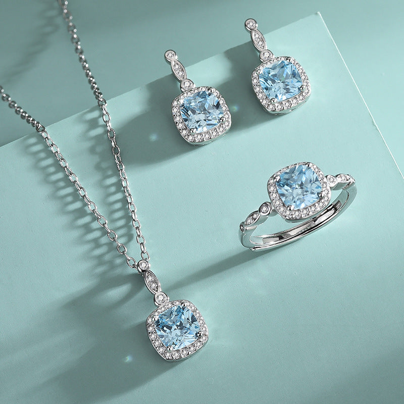 S925 Sterling Silver Ocean heart blue gem ring necklace Earrings