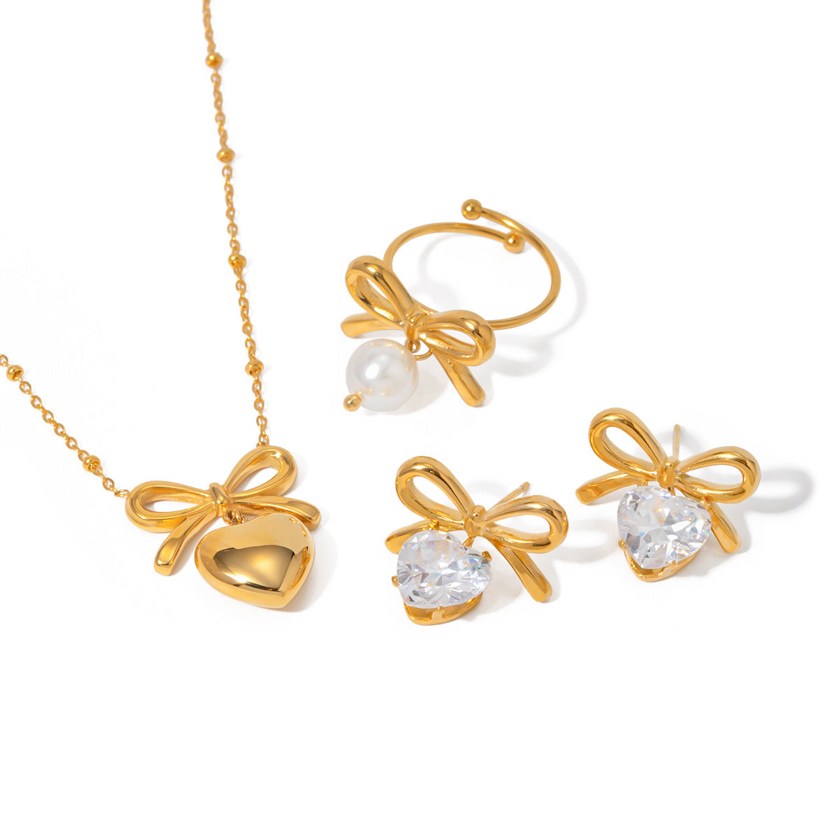Stainless Steel Bow Necklace Zircon Earrings Titanium Steel Ring
