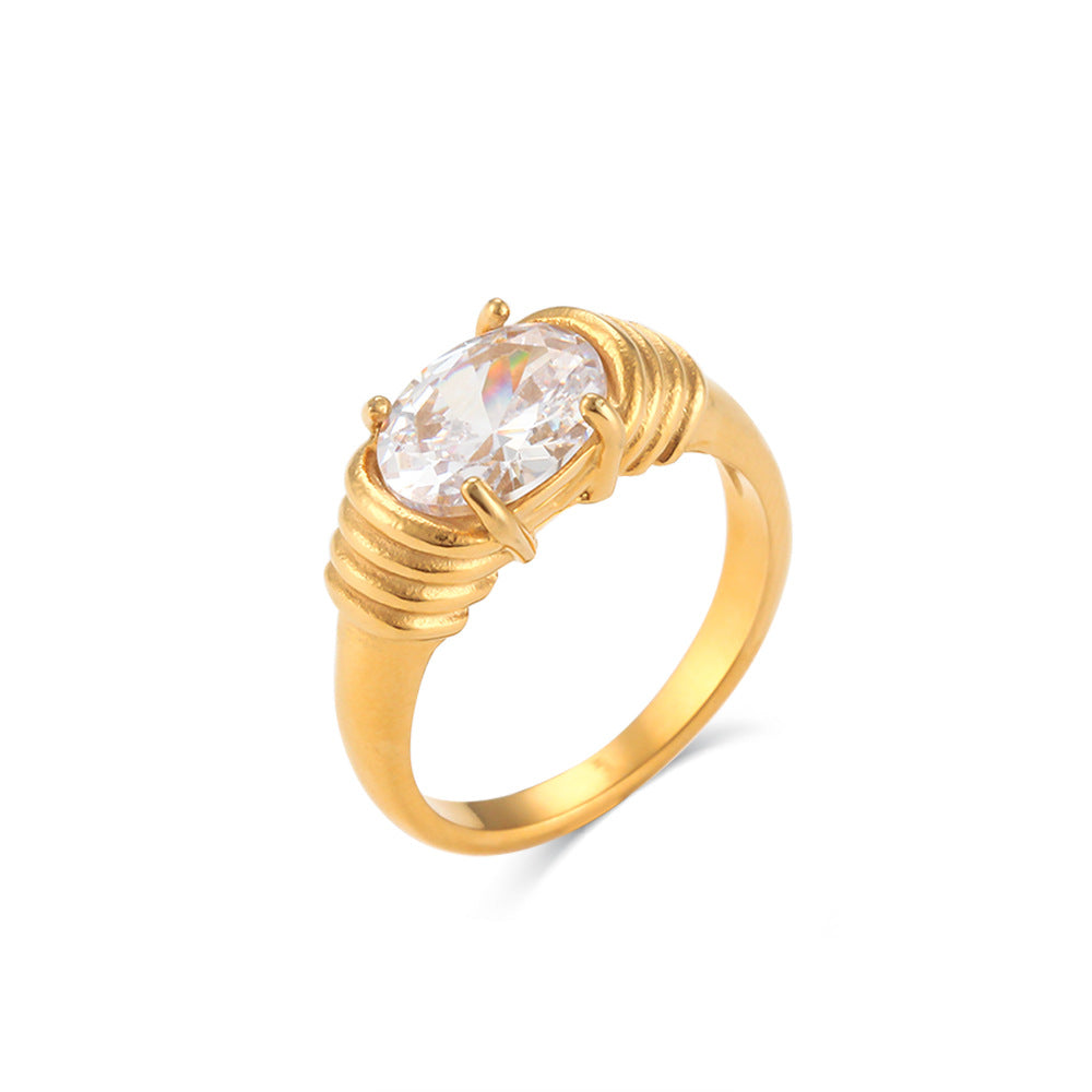 Stainless Steel Waterproof 3A Winding Pattern Oval Zircon Ring