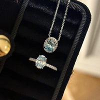 S925 Sterling Silver Aquamarine Oval Pigeon Egg Diamond Ring Necklace