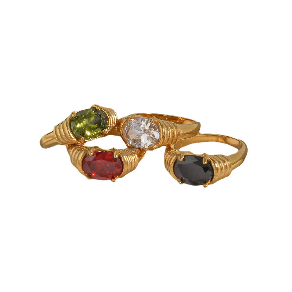 Stainless Steel Waterproof 3A Winding Pattern Oval Zircon Ring