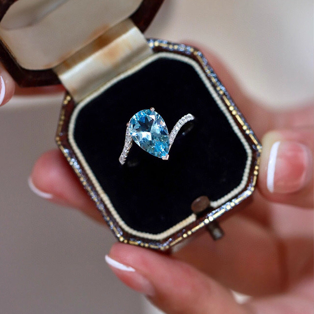 S925 sterling silver sky blue drop necklace ring