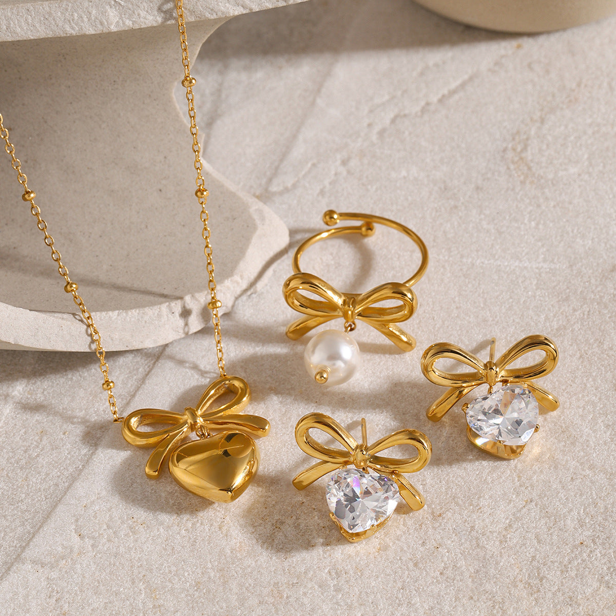 Stainless Steel Bow Necklace Zircon Earrings Titanium Steel Ring