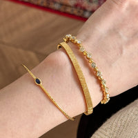 Blue Zircon Vertical Wide-Edge Thin Half-Bangle Bracelet (Gold Version)