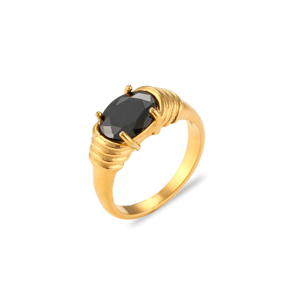 Stainless Steel Waterproof 3A Winding Pattern Oval Zircon Ring