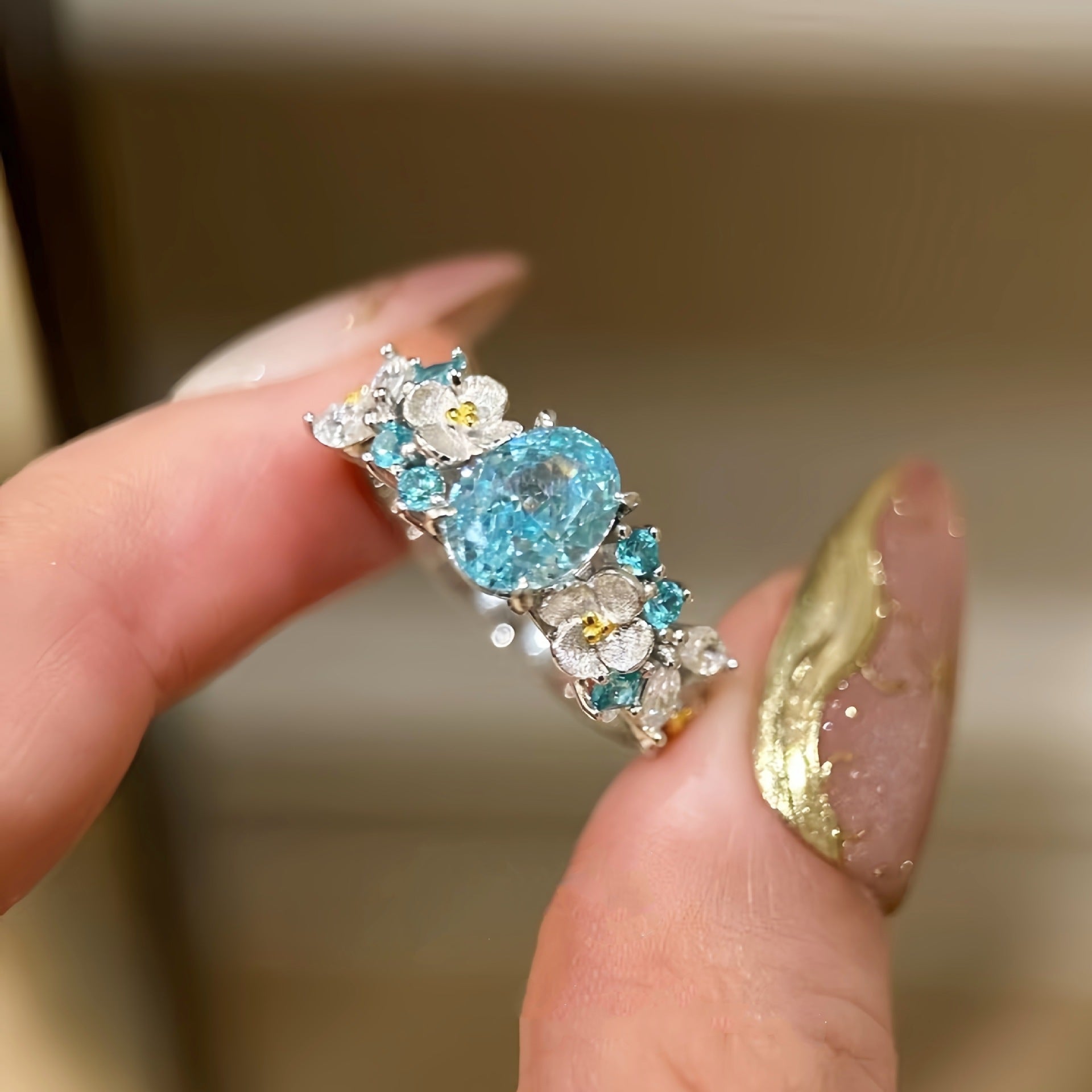 S925 sterling silver flower fairy blue hydrangea paraiba ring