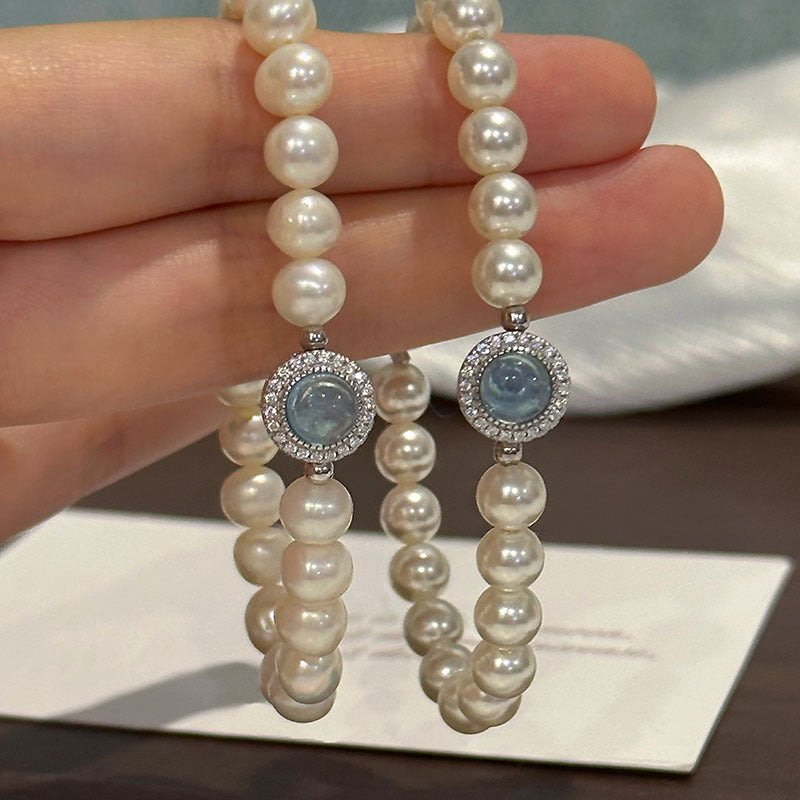 S925 Silver Natural Freshwater Pearl Sea Blue Mercury Bracelet